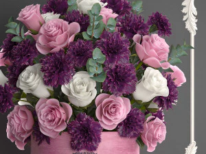 bouquet of pink flowers in a gift box 93 3D Model