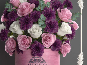 bouquet of pink flowers in a gift box 93 3D Model