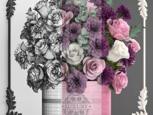 bouquet of pink flowers in a gift box 93 3D Model