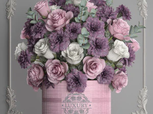 bouquet of pink flowers in a gift box 93 3D Model