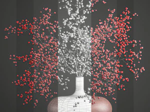 decorative bouquet of branches with red berries in a vase 97 3D Model
