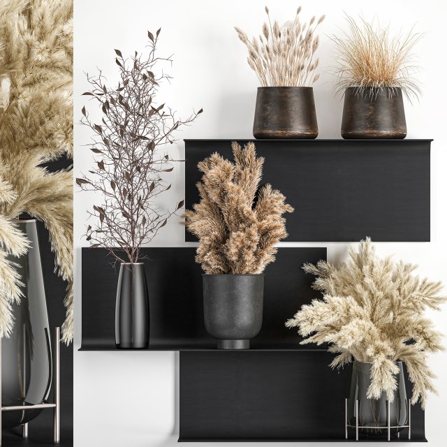 bouquets of dried flowers and reeds in a vase on a decorative shelf 3D 모델 .c4d .max .obj .3ds .fbx .stl .blend 