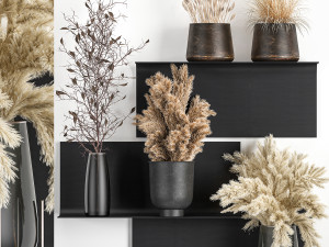 bouquets of dried flowers and reeds in a vase on a decorative shelf Modèle 3D