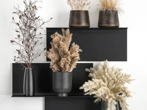 bouquets of dried flowers and reeds in a vase on a decorative shelf 3D Model