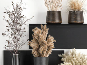 bouquets of dried flowers and reeds in a vase on a decorative shelf 3D Model