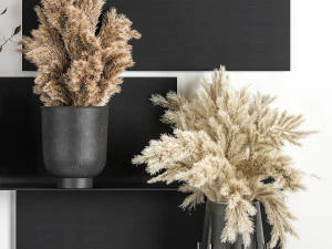 bouquets of dried flowers and reeds in a vase on a decorative shelf 3D Model