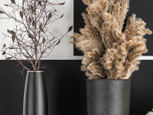 bouquets of dried flowers and reeds in a vase on a decorative shelf 3D Model