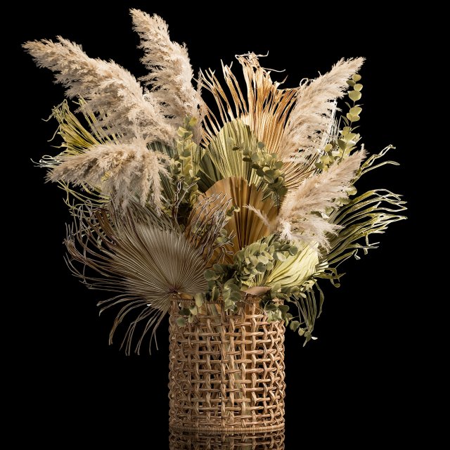 Bouquets of dried flowers with palm leaves in a basket Model 3D .c4d .max .obj .3ds .fbx .stl .blend 
