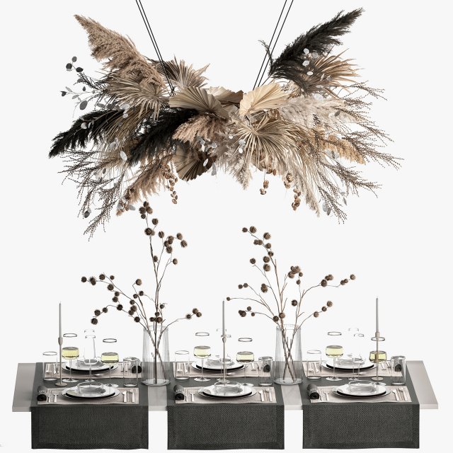 Solemn table setting in eco style from dried flowers and natural decor 3D 모델 .c4d .max .obj .3ds .fbx .stl .blend 