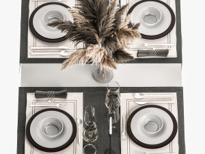 Table Setting With A Bouquet Of Pampas Grass 3D Model