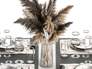 Table Setting With A Bouquet Of Pampas Grass 3D Model
