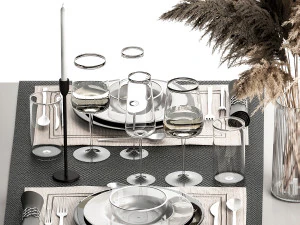 Table Setting With A Bouquet Of Pampas Grass 3D Model