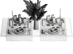 Table Setting With A Bouquet Of Pampas Grass 3D Model