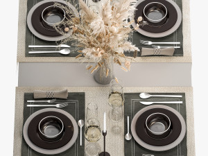 Table Setting With A Bouquet Of Pampas Grass 3D Model