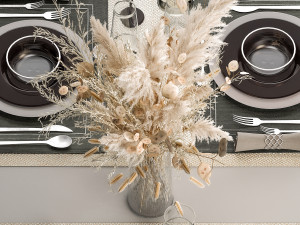 Table Setting With A Bouquet Of Pampas Grass Model 3D