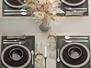 Table Setting With A Bouquet Of Pampas Grass Model 3D