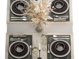 Table Setting With A Bouquet Of Pampas Grass Model 3D