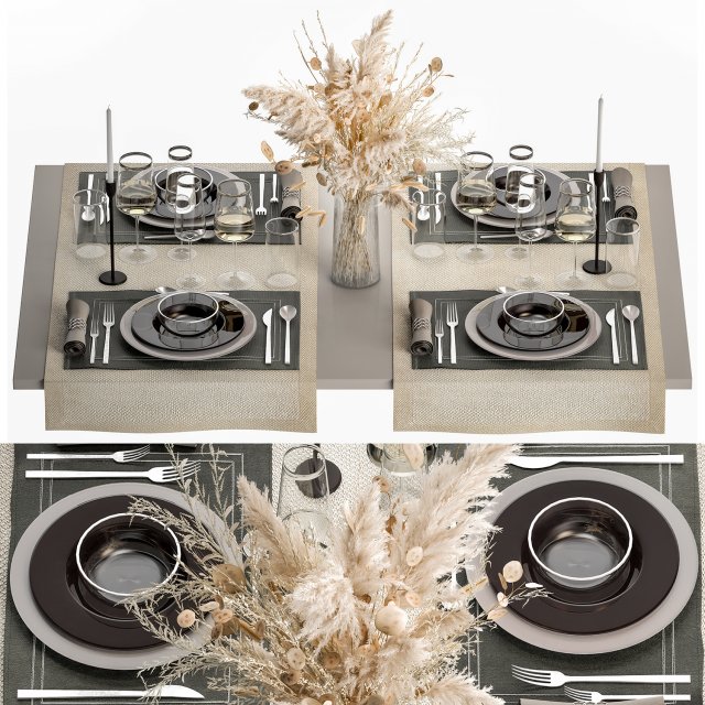 Table Setting With A Bouquet Of Dried Flowers Model 3D .c4d .max .obj .3ds .fbx .stl .blend 