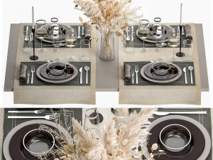Table Setting With A Bouquet Of Dried Flowers 3D Model