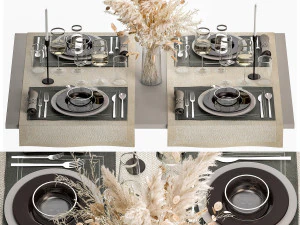 Nakrycie Stołu Z Bukietem Suszonych Kwiat&oacute;w Model 3D