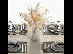 Table Setting With A Bouquet Of Dried Flowers 3D Model