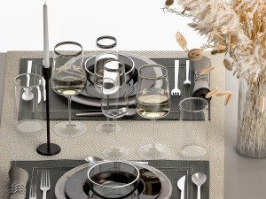 Table Setting With A Bouquet Of Dried Flowers Model 3D