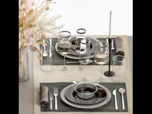 Table Setting With A Bouquet Of Dried Flowers Model 3D