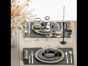 Table Setting With A Bouquet Of Dried Flowers 3D Model