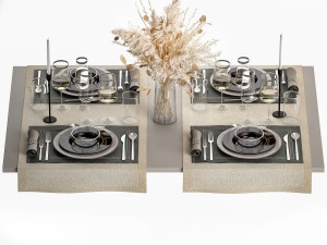 Table Setting With A Bouquet Of Dried Flowers Model 3D