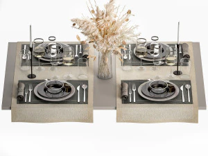 Table Setting With A Bouquet Of Dried Flowers 3D Model