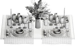 Table Setting With A Bouquet Of Dried Flowers Model 3D