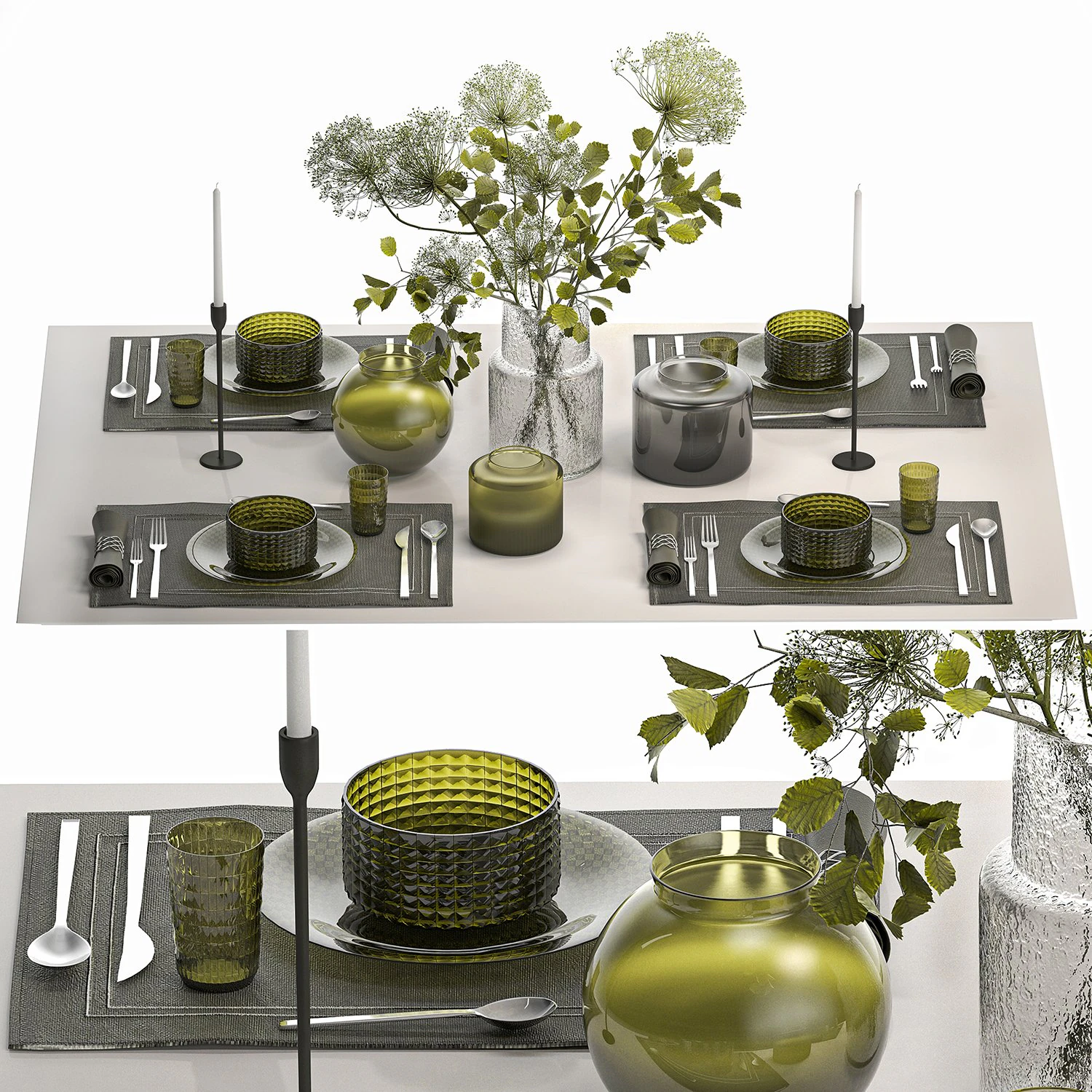 Stylish Table Setting For 4 Persons With A Bouquet 3D Model .c4d .max .obj .3ds .fbx .stl .blend 