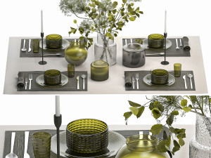 Stylish Table Setting For 4 Persons With A Bouquet 3D Model