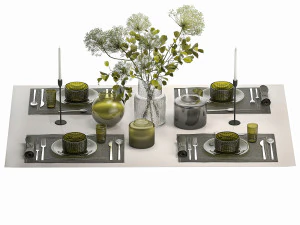 Stylish Table Setting For 4 Persons With A Bouquet 3D Model