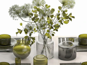 Stylish Table Setting For 4 Persons With A Bouquet 3D Model