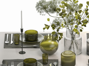 Stylish Table Setting For 4 Persons With A Bouquet 3D 模型