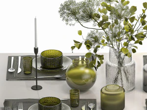 Stylish Table Setting For 4 Persons With A Bouquet 3D Model