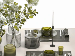Stylish Table Setting For 4 Persons With A Bouquet 3D Model