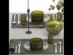 Stylish Table Setting For 4 Persons With A Bouquet 3D Model