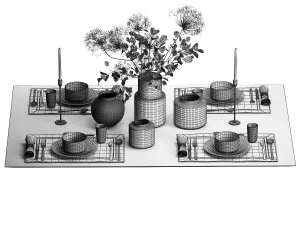 Stylish Table Setting For 4 Persons With A Bouquet 3D Model
