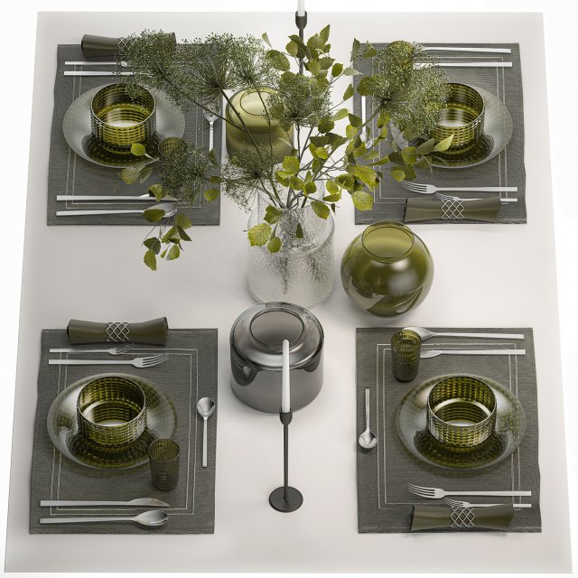 Table Setting For 4 Persons With A Bouquet Model 3D .c4d .max .obj .3ds .fbx .stl .blend 