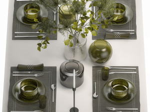 Table Setting For 4 Persons With A Bouquet 3D Model