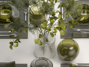 Table Setting For 4 Persons With A Bouquet Model 3D