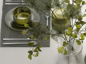 Tischdekoration f&uuml;r 4 Personen mit einem Blumenstrau&szlig; 3D Modell