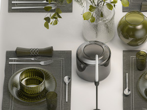 Table Setting For 4 Persons With A Bouquet Model 3D