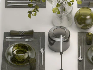 Tischdekoration f&uuml;r 4 Personen mit einem Blumenstrau&szlig; 3D Modell