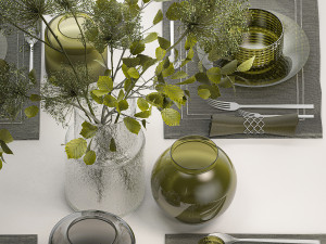 Table Setting For 4 Persons With A Bouquet Model 3D