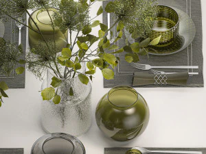 Tischdekoration f&uuml;r 4 Personen mit einem Blumenstrau&szlig; 3D Modell