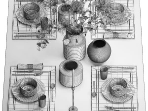 Tischdekoration f&uuml;r 4 Personen mit einem Blumenstrau&szlig; 3D Modell