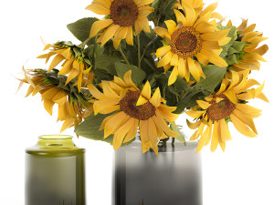 Bouquet Of Yellow Sunflowers In A Glass Vase 3D Models